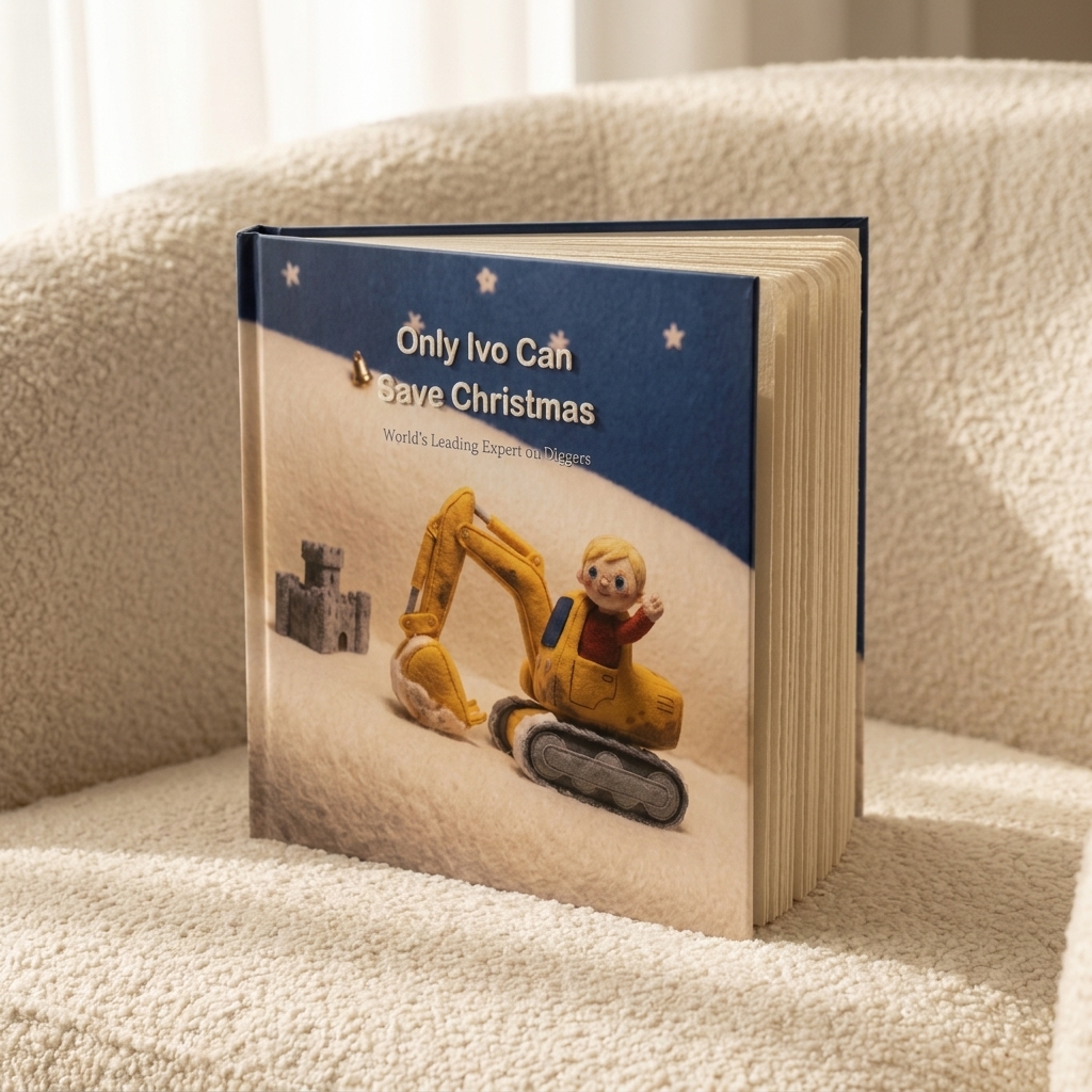 The personalised cover of Only Ivo Can Save Christmas, propped up to show the thick block of pages.