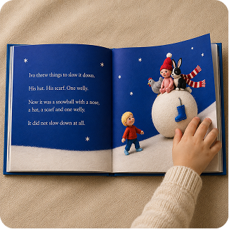 The hardback lying open on a full illustrated spread, a small child's hand resting on the thick matte page.