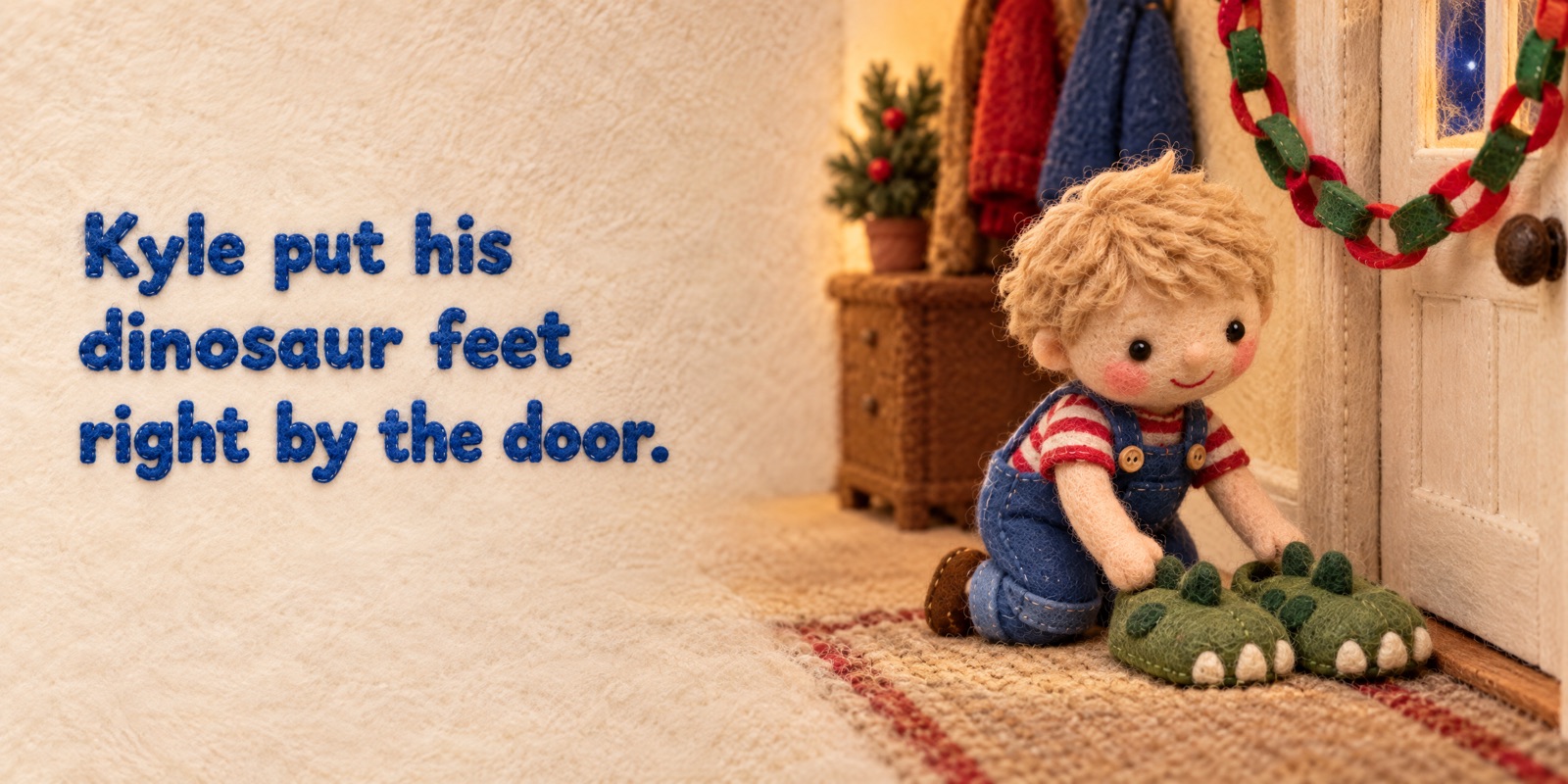 A Tandem Christmas book spread: Kyle puts his dinosaur feet right by the door.
