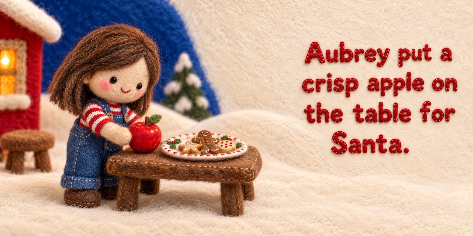 A Tandem Christmas book spread: Aubrey puts a crisp apple on the table for Santa.