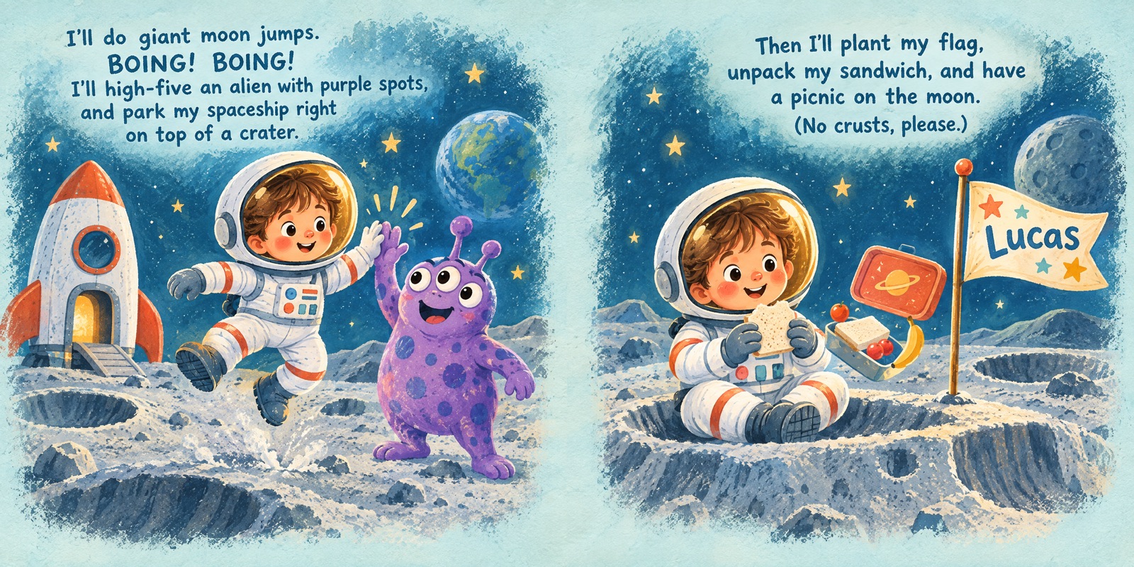 A Tandem book spread: Lucas, drawn as an astronaut, plants a flag with his name on the moon.