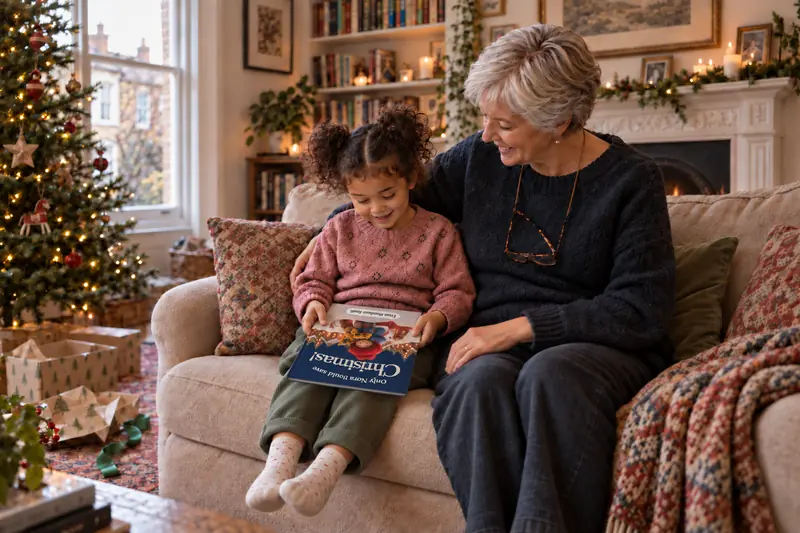 A girl on the sofa with her grandmother, finding her own name on the cover.
