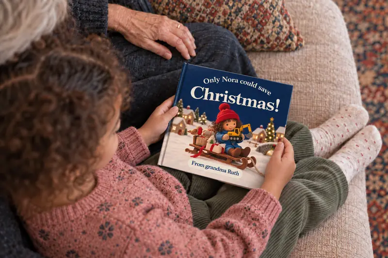 The Christmas hardback held open, the child's own name printed on the cover.