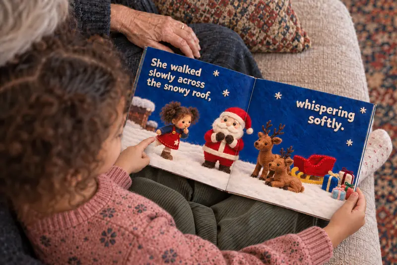 A girl pointing at herself in the illustration, the book open across her lap.