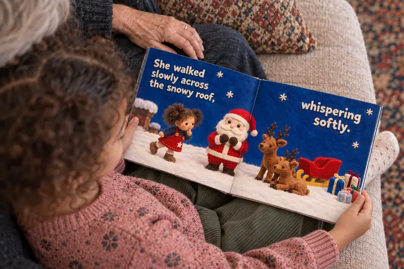 An open spread of the Christmas book: a picture on one page, the story on the other.