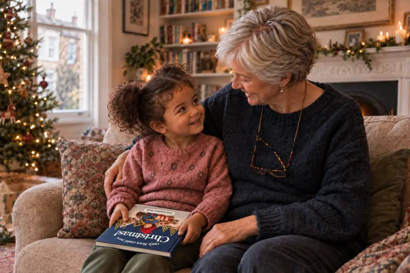 A girl and her grandmother laughing together over the open book.