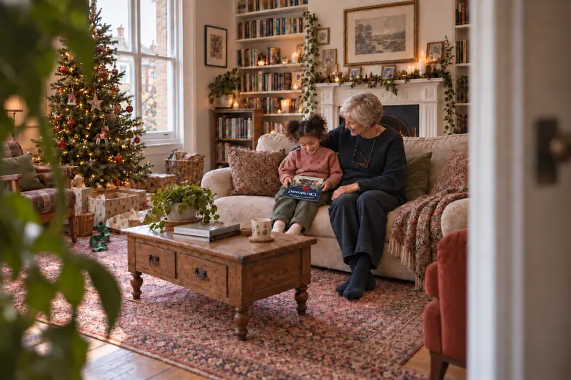 A grandmother and her granddaughter reading a personalised Christmas book together on the sofa, beside a lit tree.