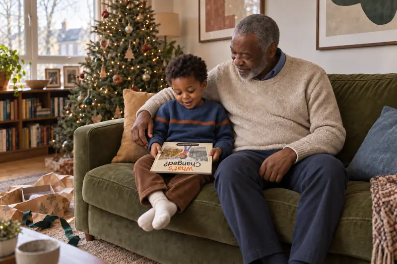 A boy on the sofa with his grandad, finding his own name on the cover.
