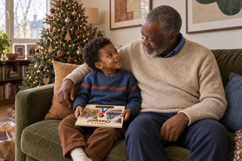 A boy and his grandad laughing together over the open book.