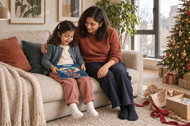 A girl on the sofa with her auntie, finding her own name on the cover.