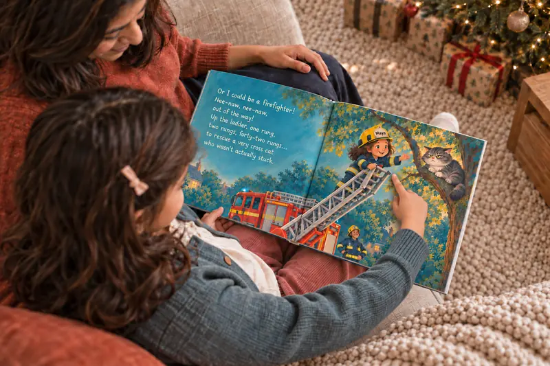 A girl pointing at herself in the illustration, the book open across her lap.