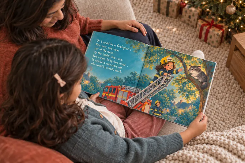 An open spread of When I Grow Up: a picture on one page, the story on the other.