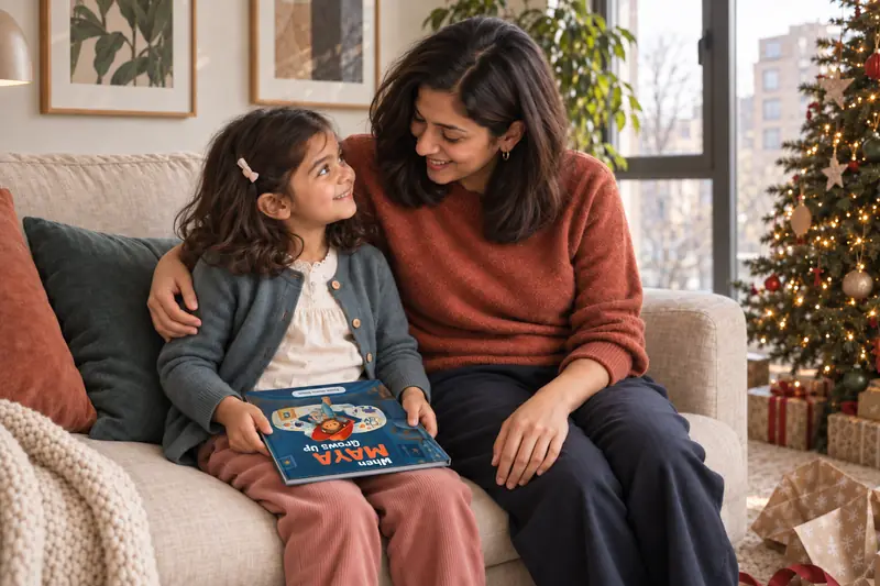 A girl and her auntie laughing together over the open book.